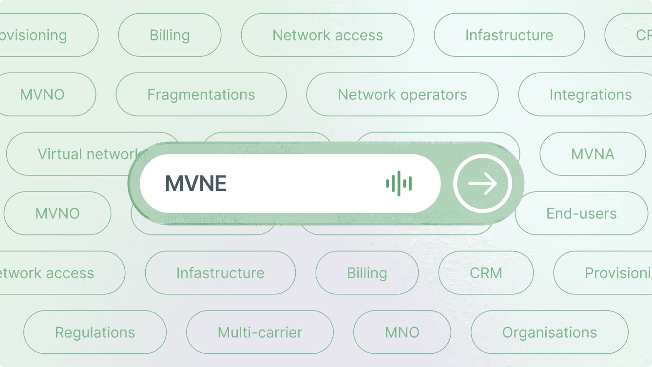 A search bar with the word 'MVNE' on a background of other telecom terms