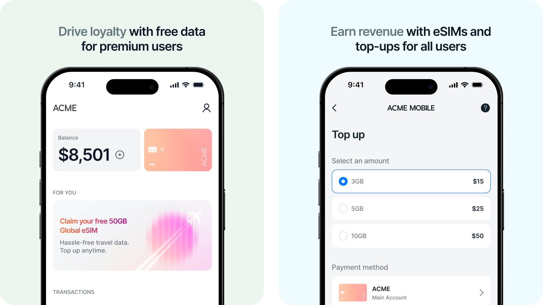 Two smartphone screens showing a mobile app interface for balance and top-up options, featuring eSIMs and free data offers.
