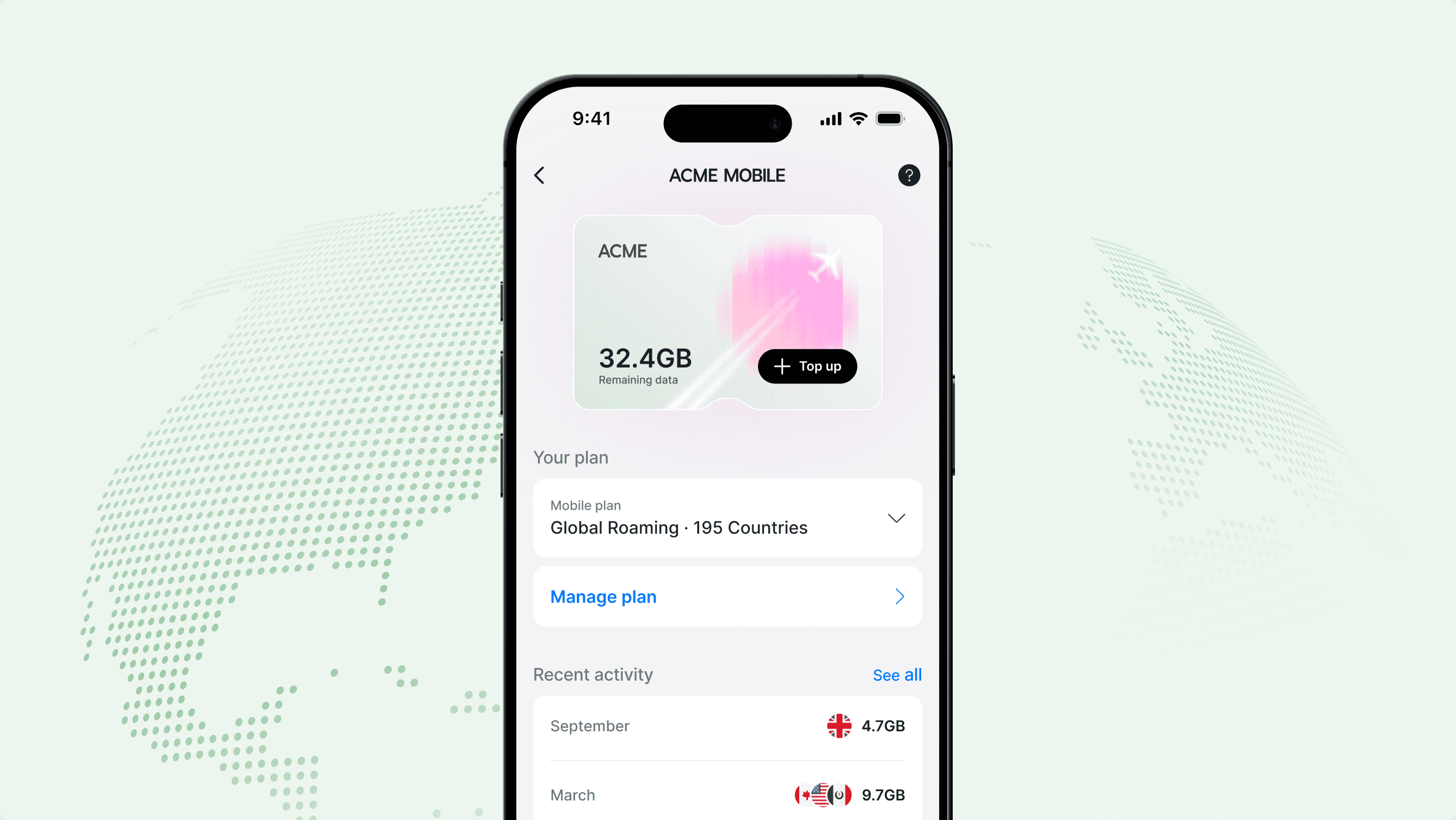 Smartphone displaying a mobile data app with usage details, global plan info, and recent activity against a subtle world map background.