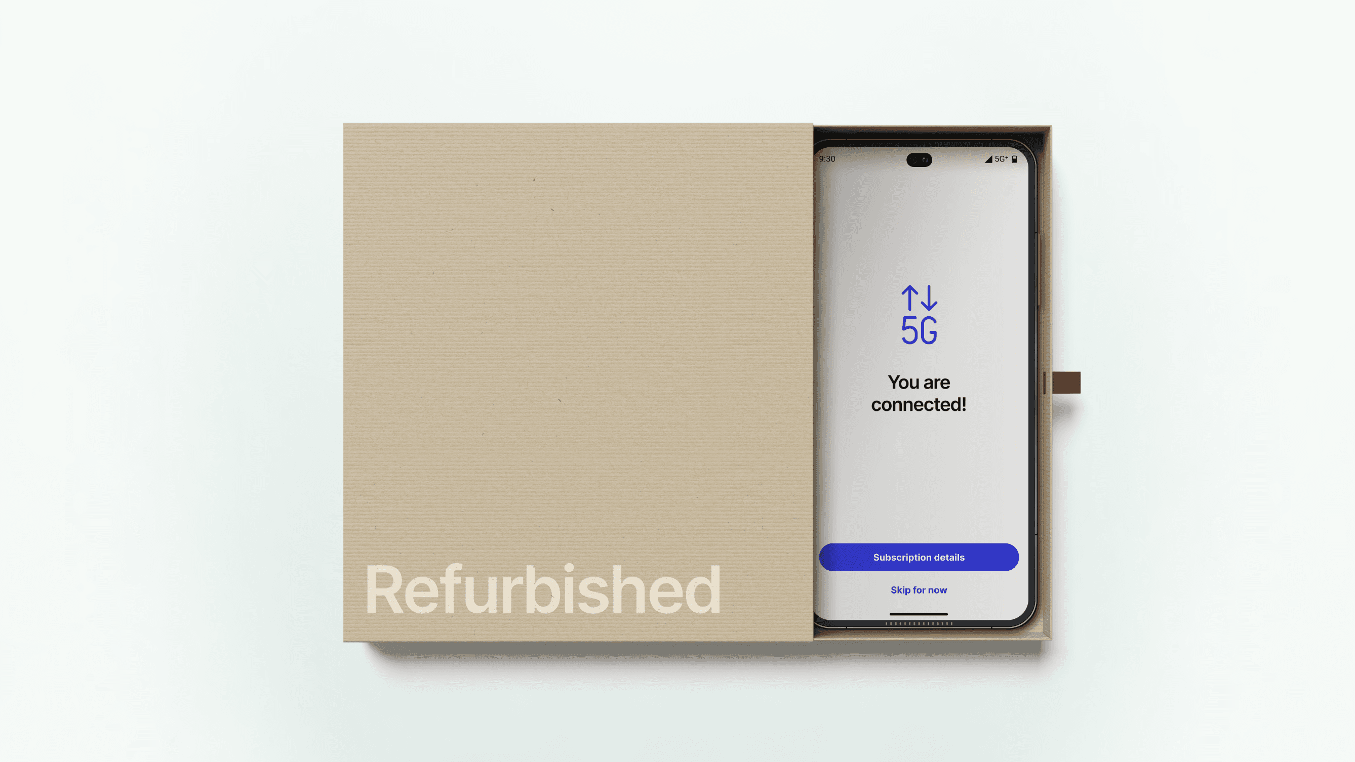 A smartphone in a box with the word "refurbished" printed across it. On the smartphone screen, it says "you are connected!"